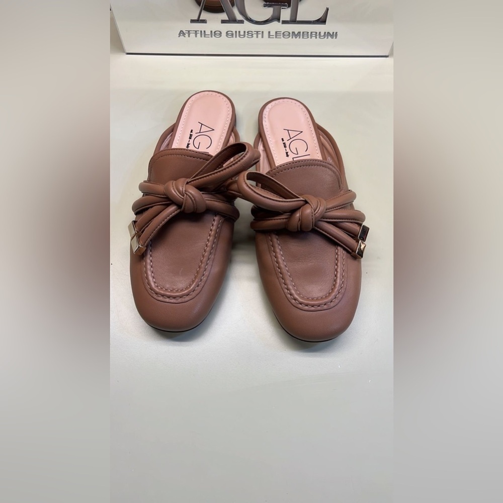 Agl Brown Leather Mule Flats With Knot Detail | Quiet Luxury Designer | Nwt